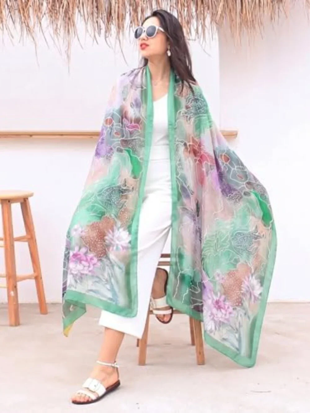 100% Mulberry Satin Silk Floral Pashmina Shawl Wrap Extra Large Oversized Scarf